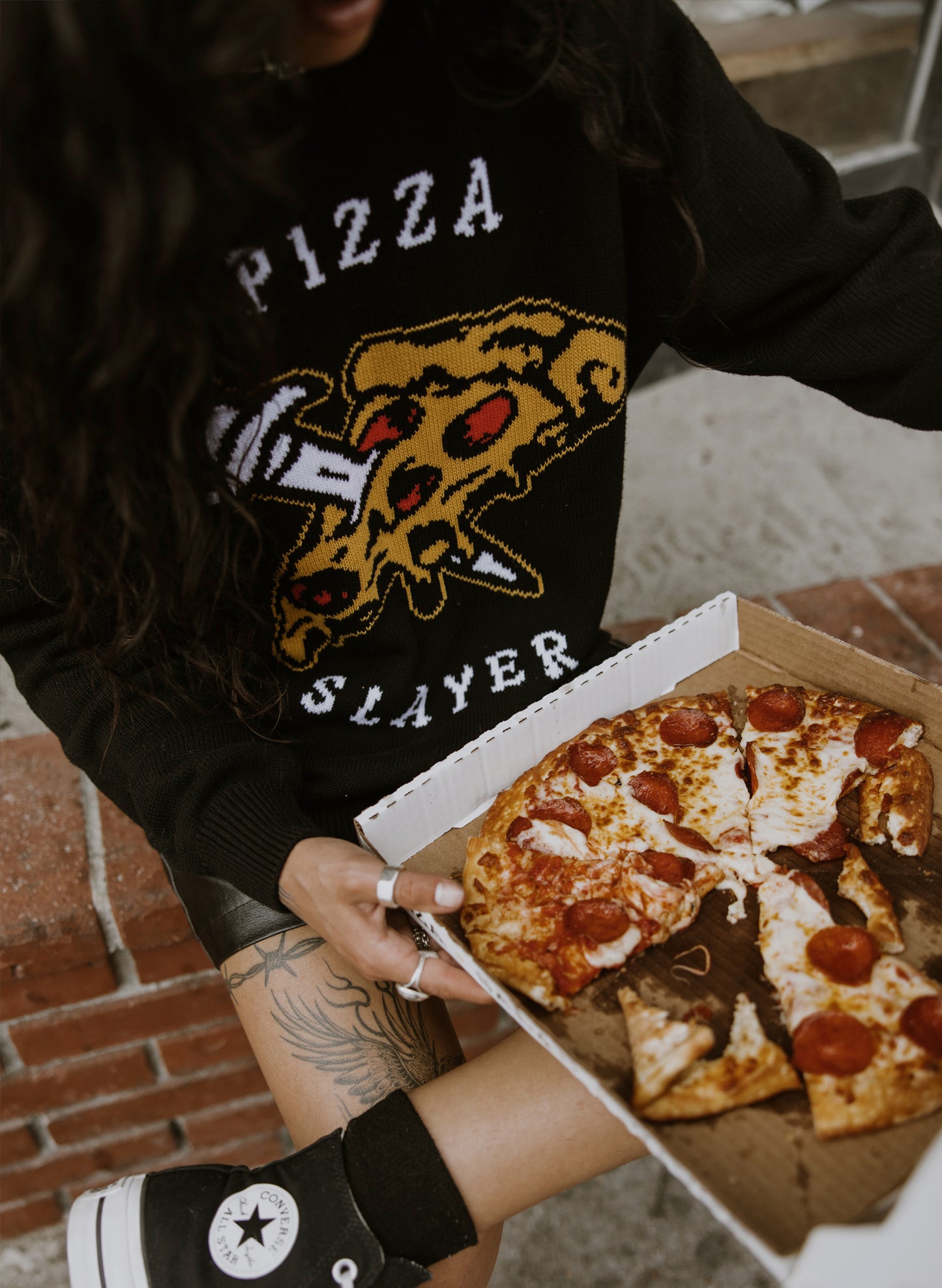 Pizza Slayer Fun Foodie Tattoo Cotton Sweater
