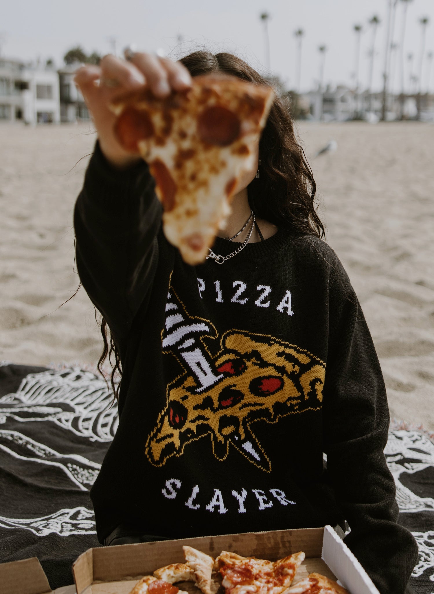Pizza Slayer Fun Foodie Tattoo Dagger Cotton Sweater