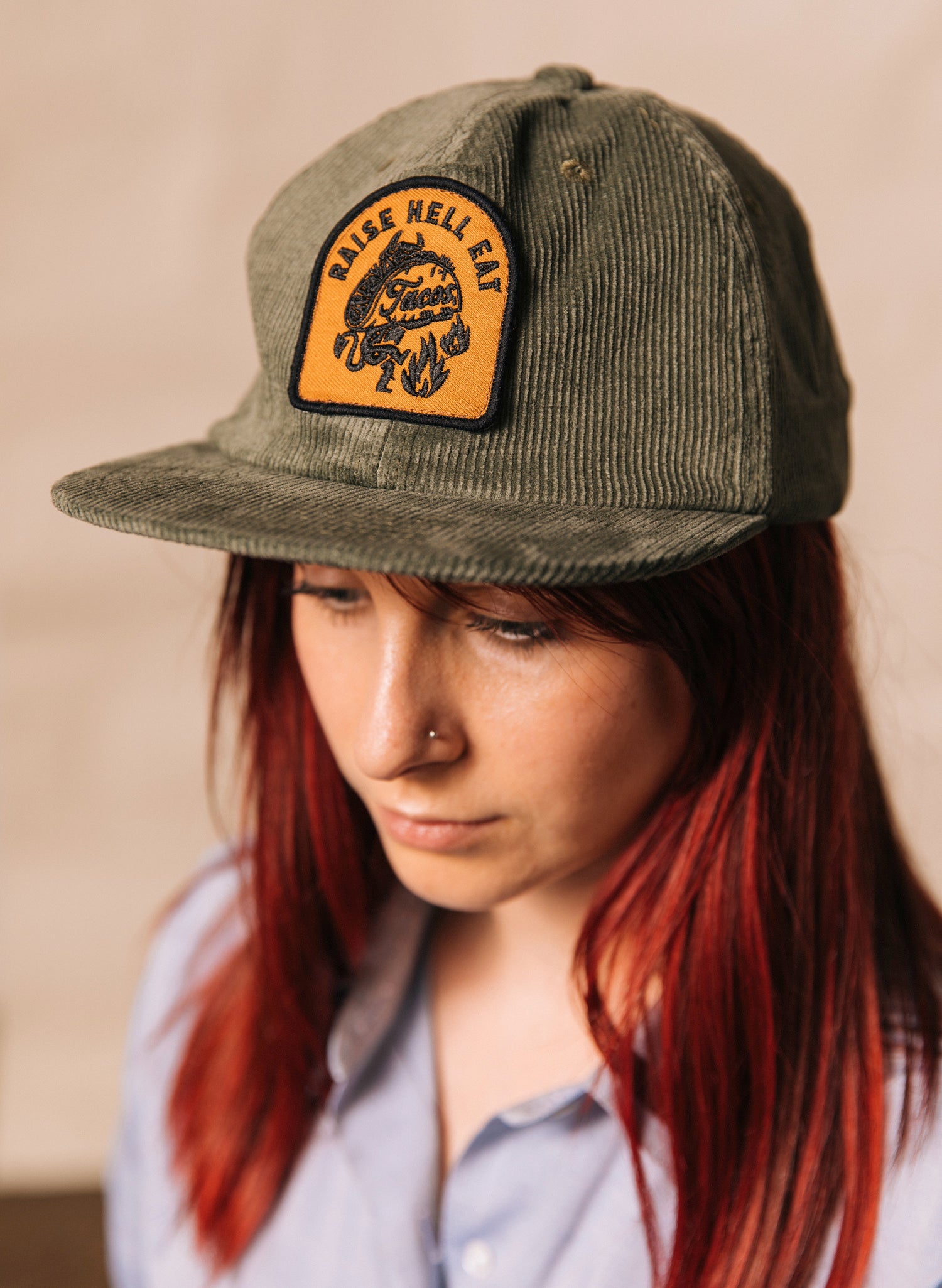 Raise Hell Eat Tacos Olive Green Corduroy Taco Hat