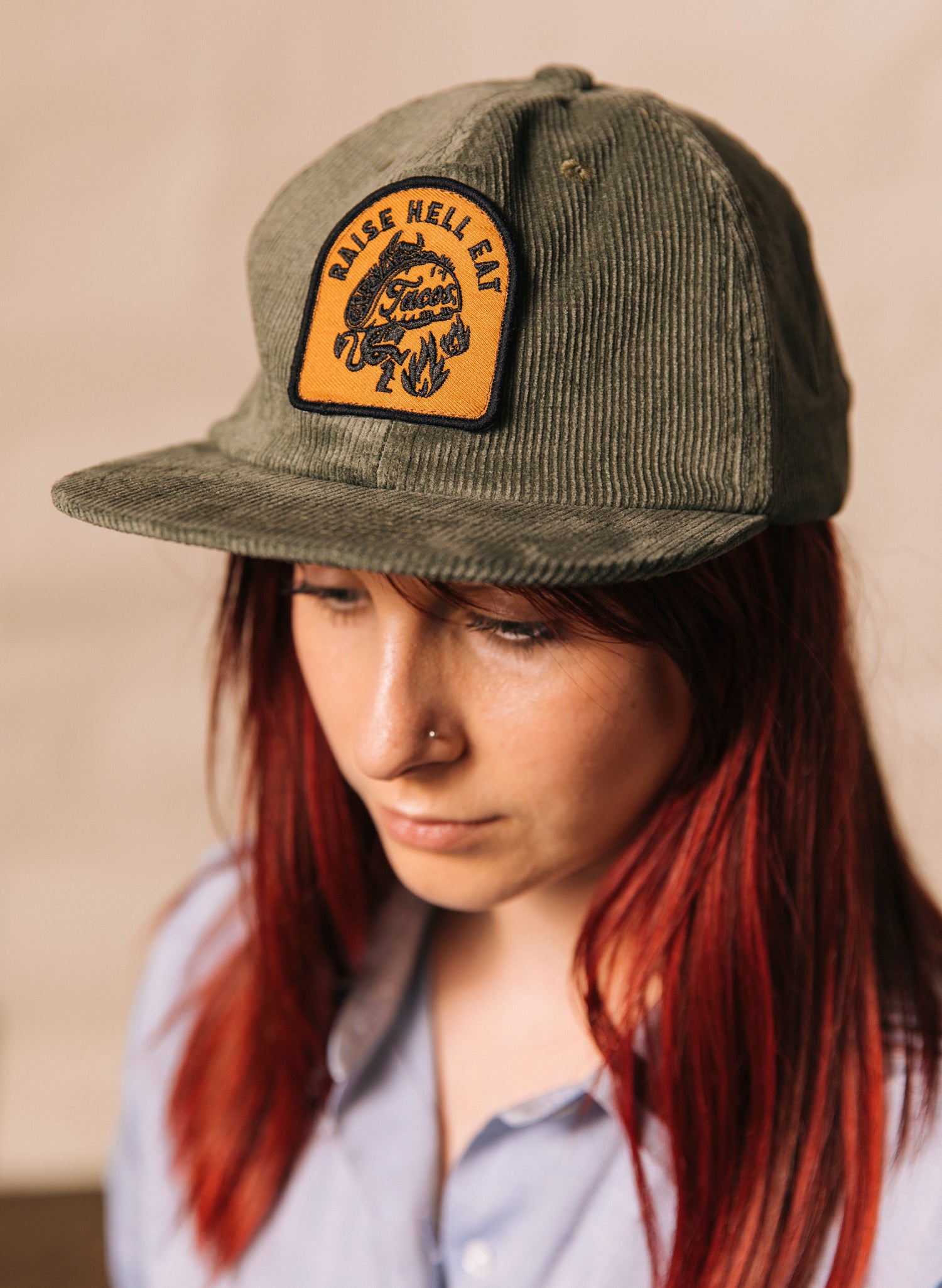 women - PYKNIC | Raise Hell Eat Tacos in Hell Rust Unstructured 5 Panel Hat Vintage Baseball Cap, Devil Patch Strapback Hat, Foodie Gift, Hats for Taco Lovers, Dia De Los Muertos, Austin Texas Hat, Olive Green Corduroy Hat
