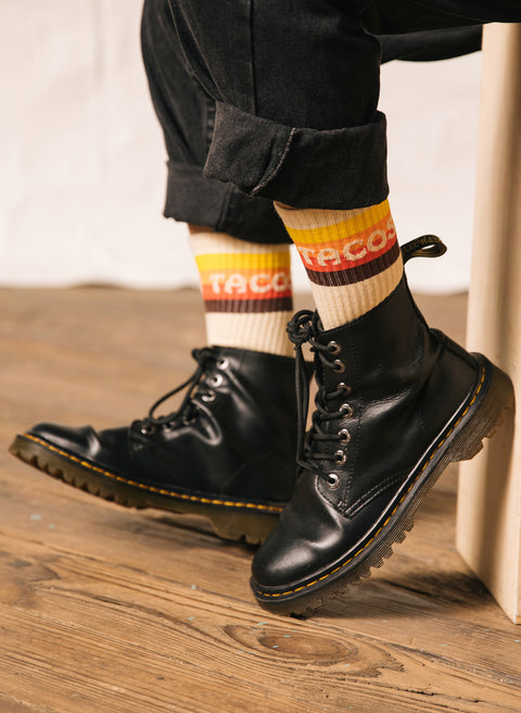 Taco Van Socks by Pyknic — retro striped taco crew socks