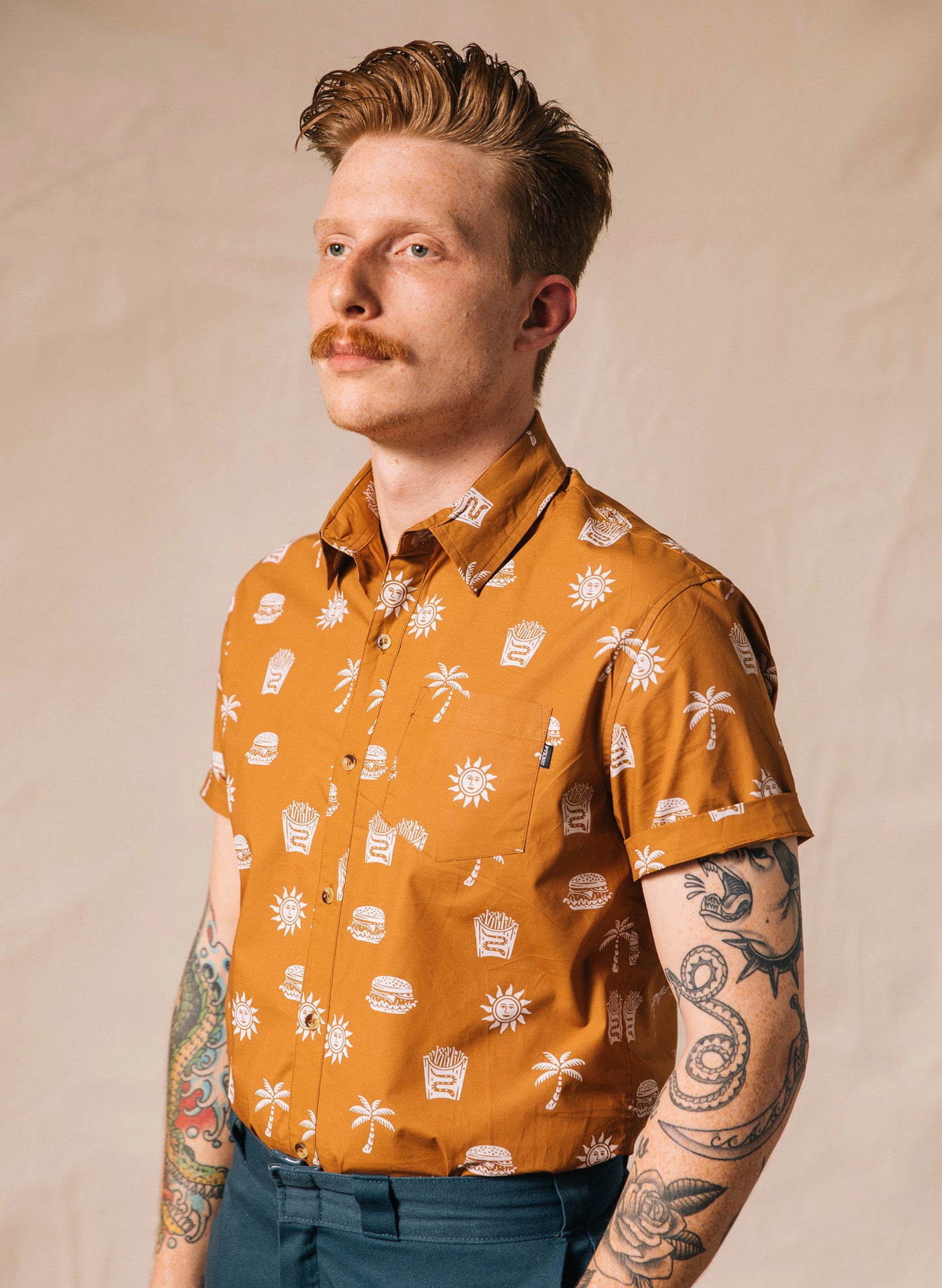 Pyknic | Take It Greasy Burger and Fries Vacation Casual Button-Up Shirt | Button Down Shirt with All Over Graphic Print, In N Out Palm Tree Shirt, Cool Food Shirt, Best Foodie Shirt, Best Foodie Gift, Food Themed Apparel, Food Tattoo Flash, Burgers and French Fries Pattern Button Down Shirt, Cool Button Up Shirts, Alternative Lifestyle Brand, Motorcycle Lifestyle Brand, Cheeseburger Shirt