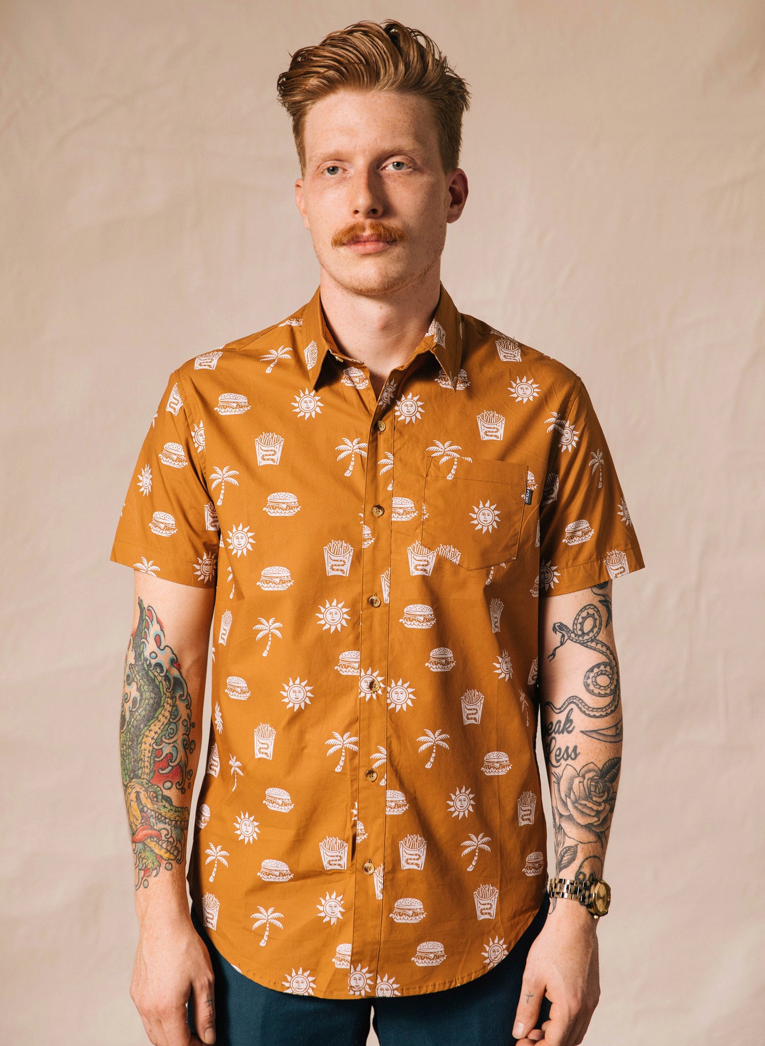 men - Pyknic | Take It Greasy Burger and Fries Vacation Casual Button-Up Shirt | Button Down Shirt with All Over Graphic Print, In N Out Palm Tree Shirt, Cool Food Shirt, Best Foodie Shirt, Best Foodie Gift, Food Themed Apparel, Food Tattoo Flash, Burgers and French Fries Pattern Button Down Shirt, Cool Button Up Shirts, Alternative Lifestyle Brand, Motorcycle Lifestyle Brand, Cheeseburger Shirt